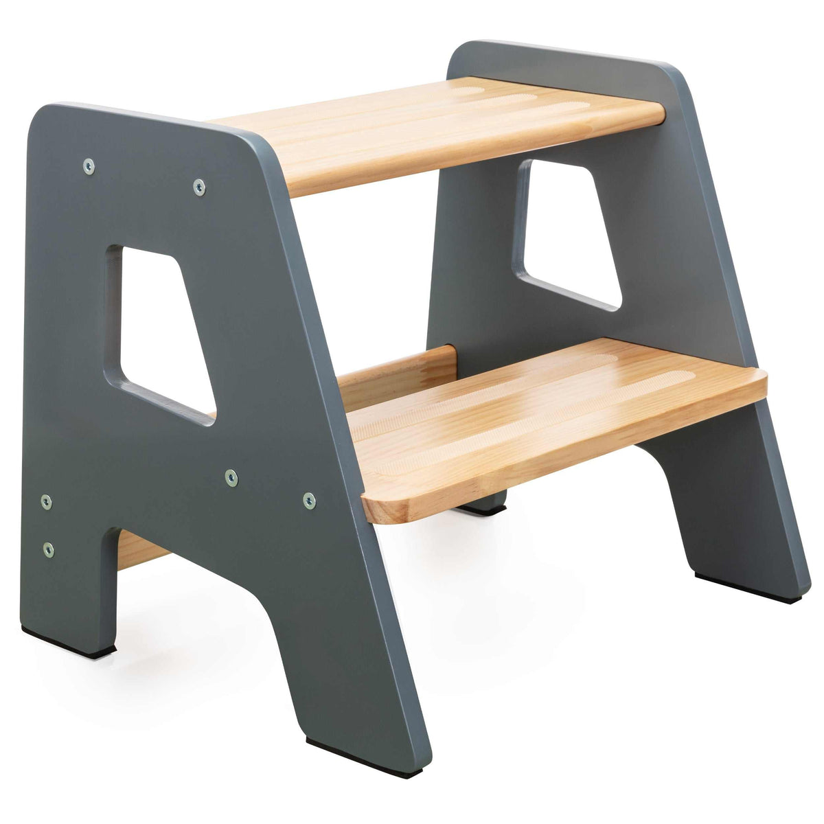 2-step wooden step stool for children with anti-slip strips and non-slip pads, featuring handles for easy movement