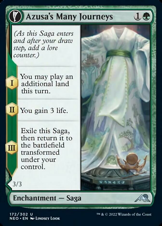 Azusa's Many Journeys // Likeness of the Seeker (NEO-172) - Kamigawa: Neon Dynasty: (fandfc, enchantment)
