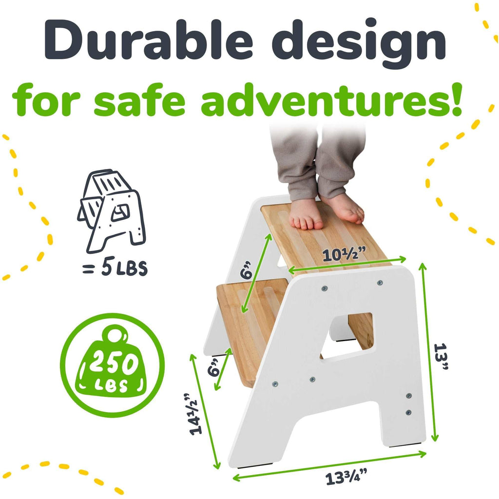 2-step wooden step stool for children with non-slip surface and handles