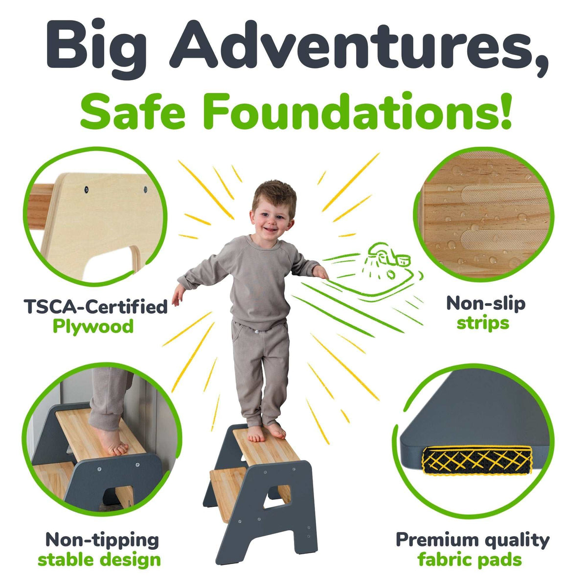 2-step wooden step stool for children with non-slip strips, stable base, and integrated handles for toddlers aged 2 and above