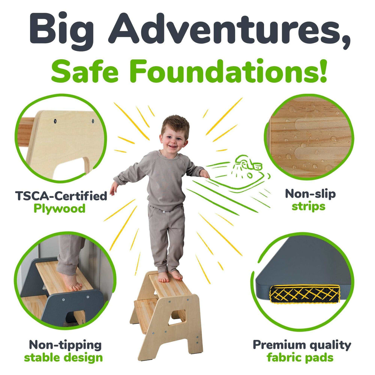 2-step wooden step stool for children with non-slip strips, stable base, and handles for toddlers ages 2+