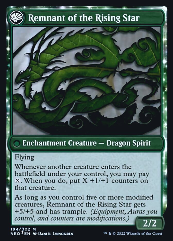 Jugan Defends the Temple // Remnant of the Rising Star (PRE-194S) - Kamigawa: Neon Dynasty Promos: (fandfc, enchantment) Foil