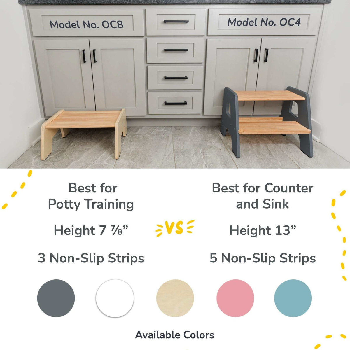 2-step wooden step stool for children with non-slip strips and handles