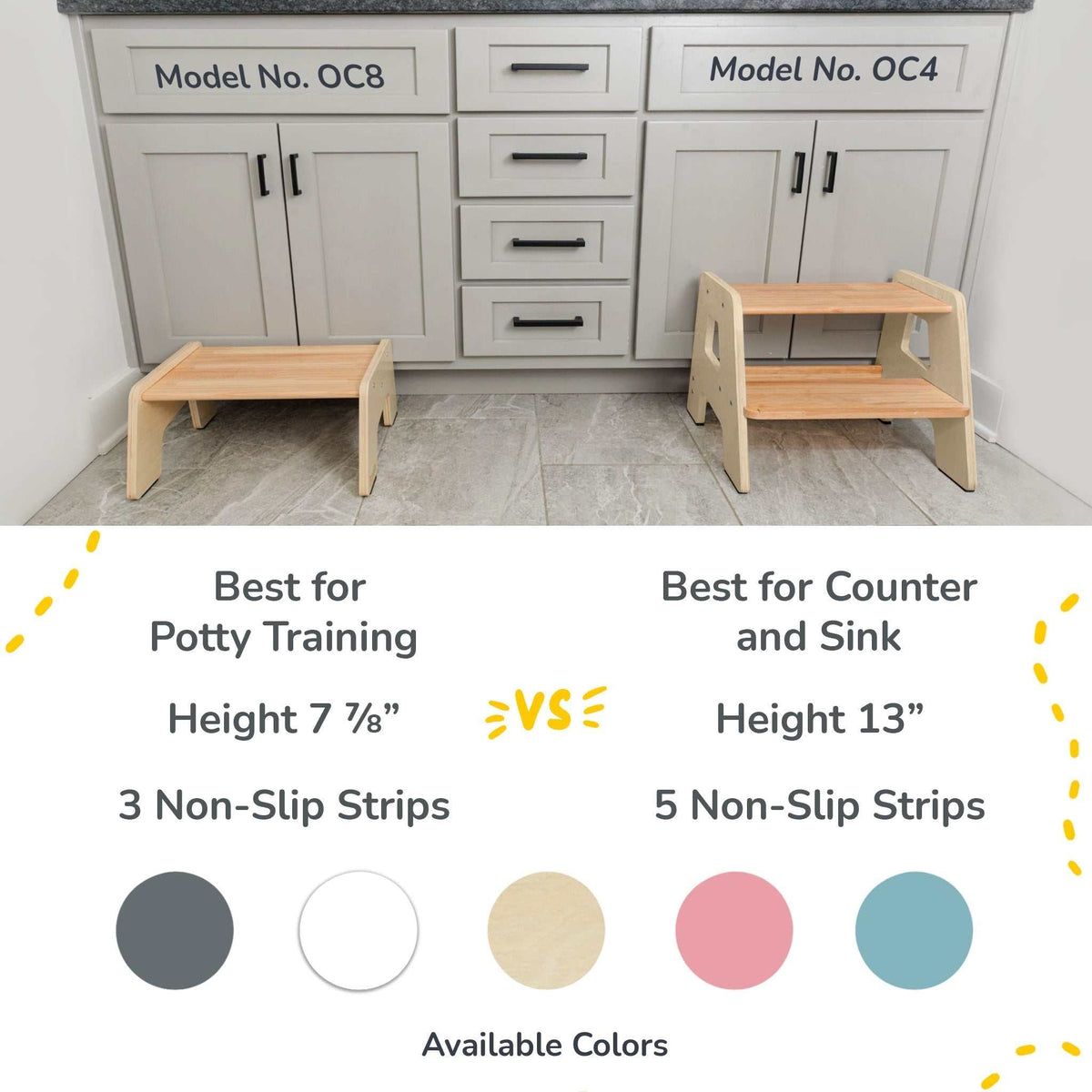 2-step wooden step stool for children with non-slip strips and handles for toddler safety
