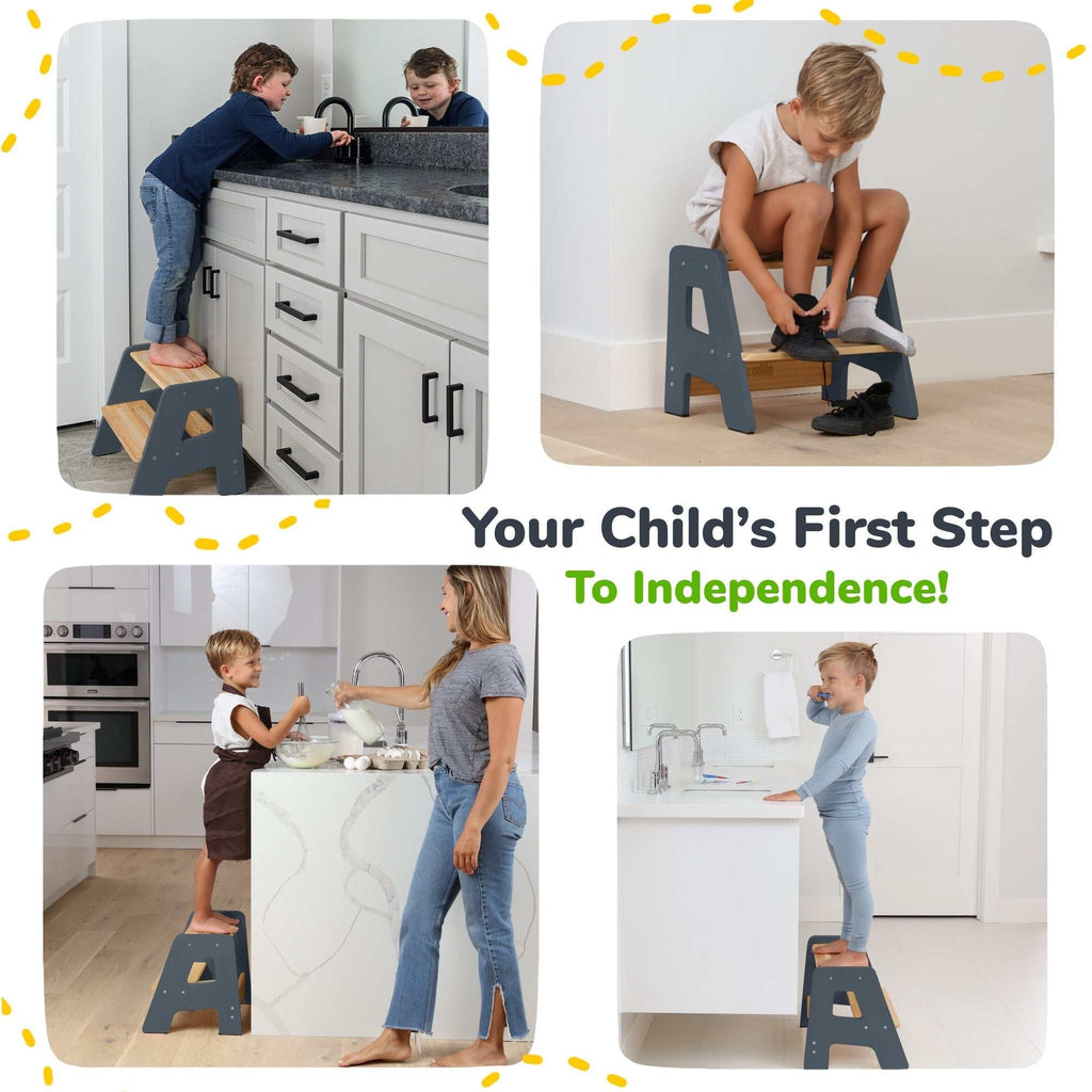 2-step wooden step stool for children with anti-slip strips, non-slip pads, and built-in handles for toddler safety and easy mobility