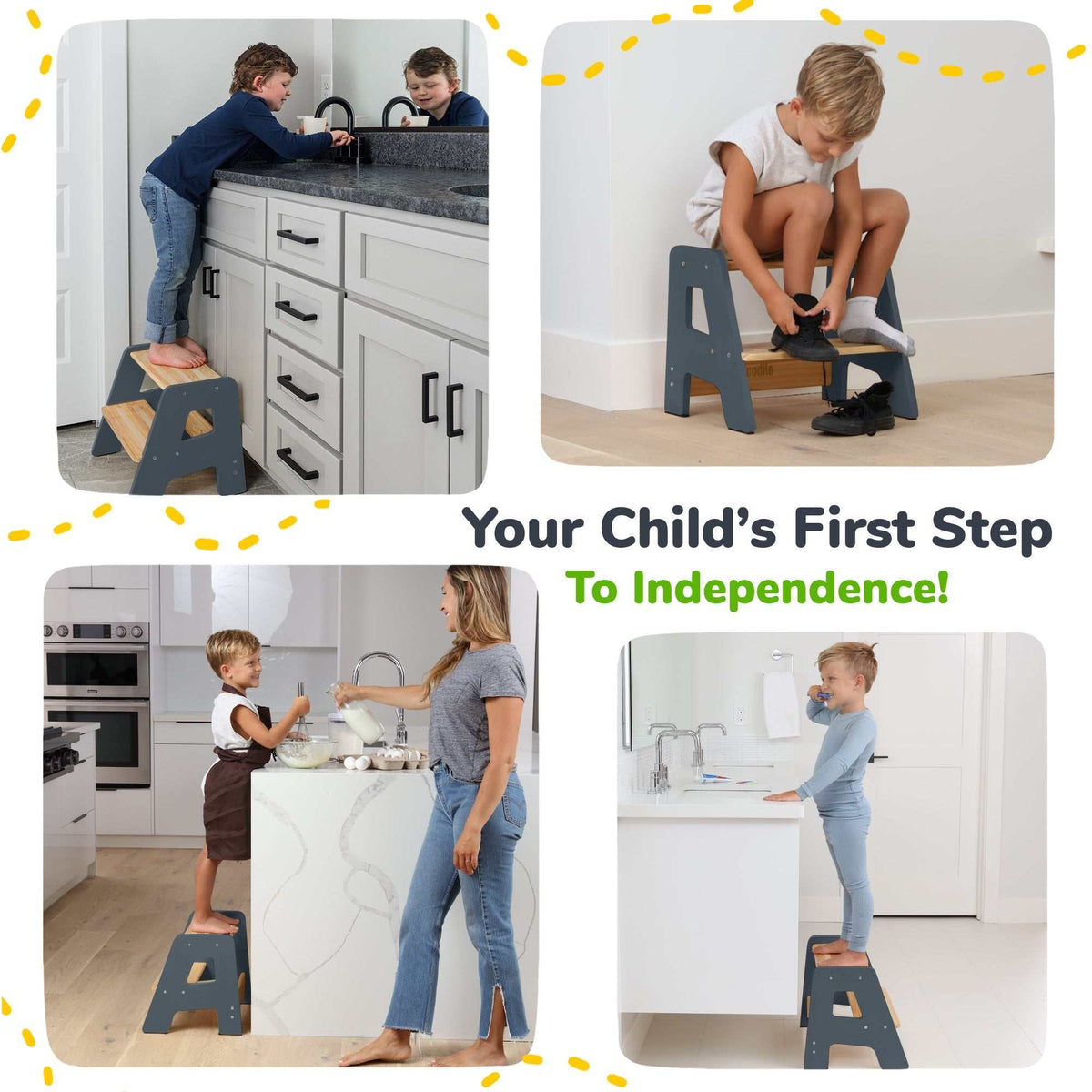 2-step wooden step stool for children with anti-slip strips, non-slip pads, and built-in handles for toddler safety and easy mobility