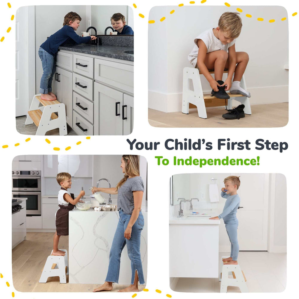2-step wooden step stool for children with non-slip strips, stable base, and handles for toddlers