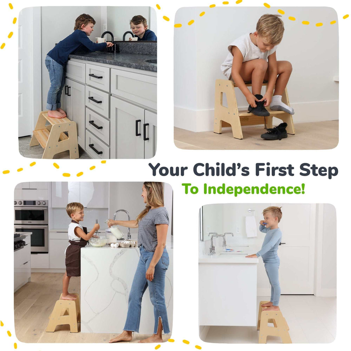 2-step wooden step stool for children with non-slip surface and handles for toddlers aged 2+