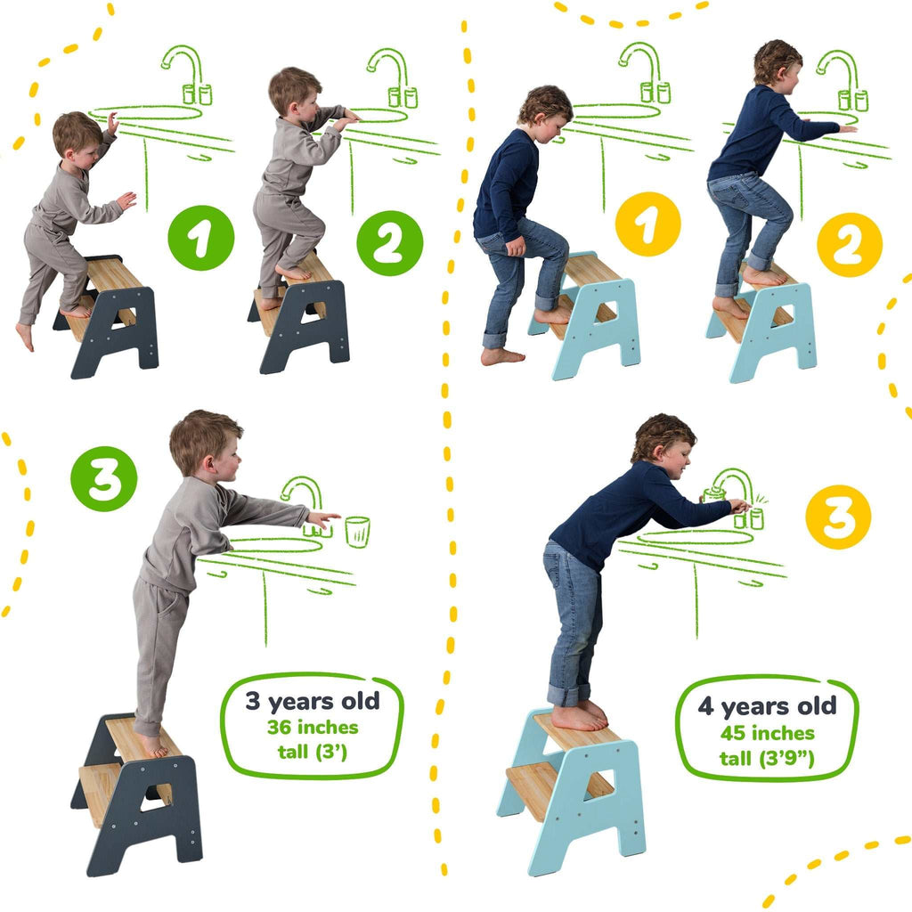 2-step wooden step stool for children with non-slip strips, stable base, and integrated handles