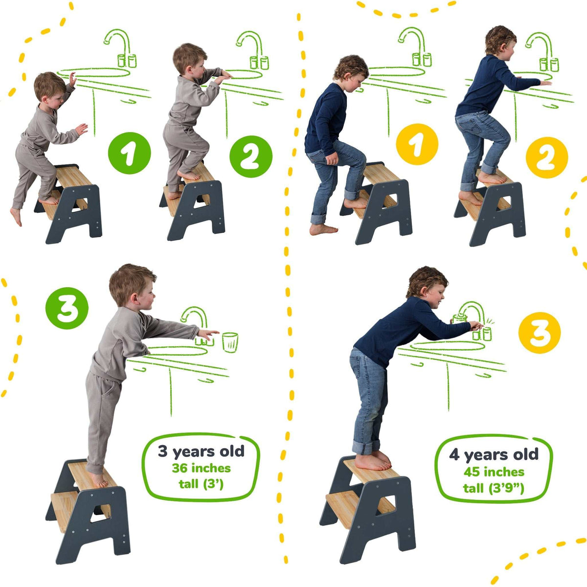 2-step wooden step stool for children with anti-slip strips and handles