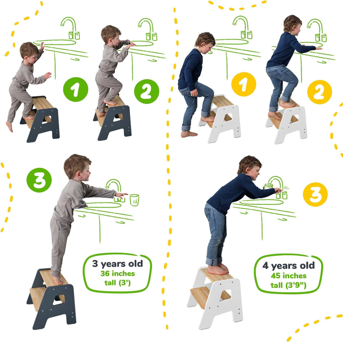 2-step wooden step stool for children with non-slip strips and handles for toddlers