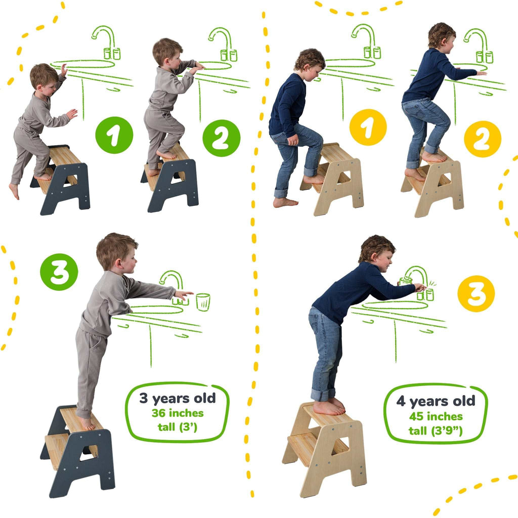 2-step wooden step stool for children with non-slip strips and handles for toddler safety and stability