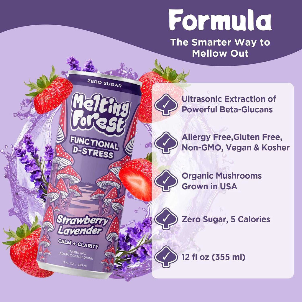 12-pack variety of D-Stress Drink with organic mushroom blends and four calming flavors