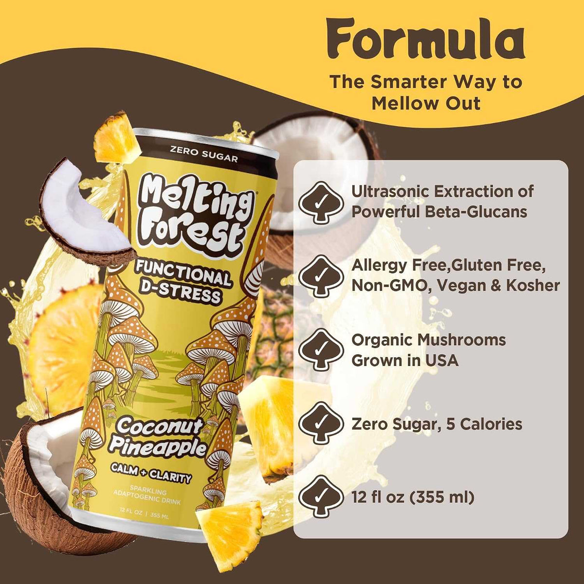12-pack variety of D-Stress Drink with organic mushroom blends in Yuzu Lime, Watermelon Elderflower, Coconut Pineapple, and Strawberry Lavender flavors