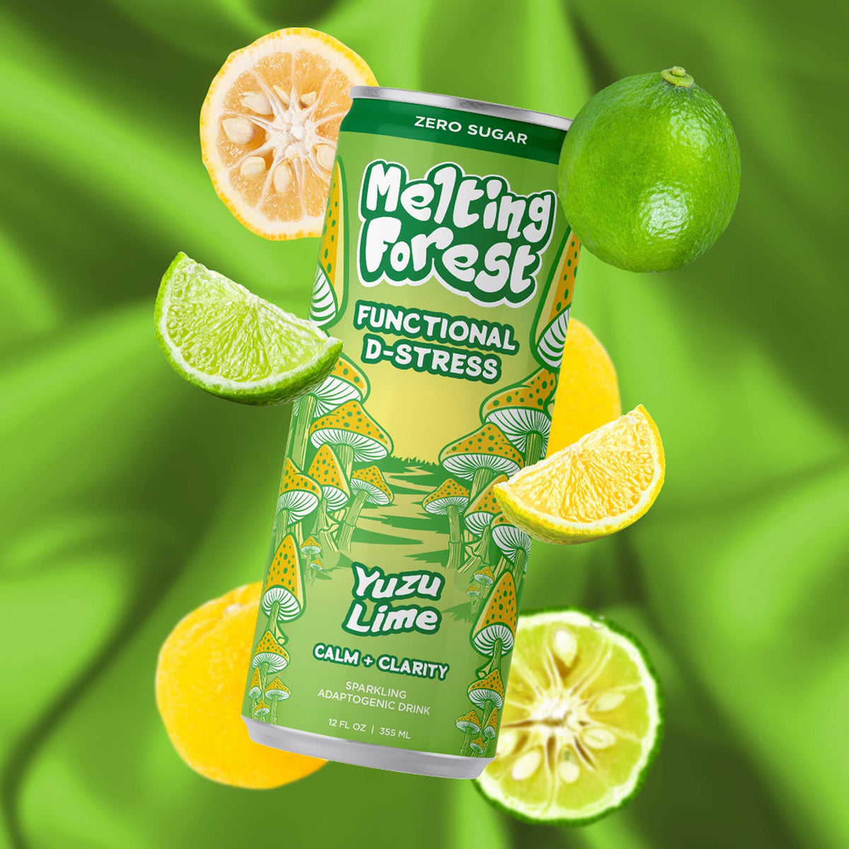 12-pack variety of Melting Forest D-Stress Drink with organic mushroom extracts and four flavors for relaxation
