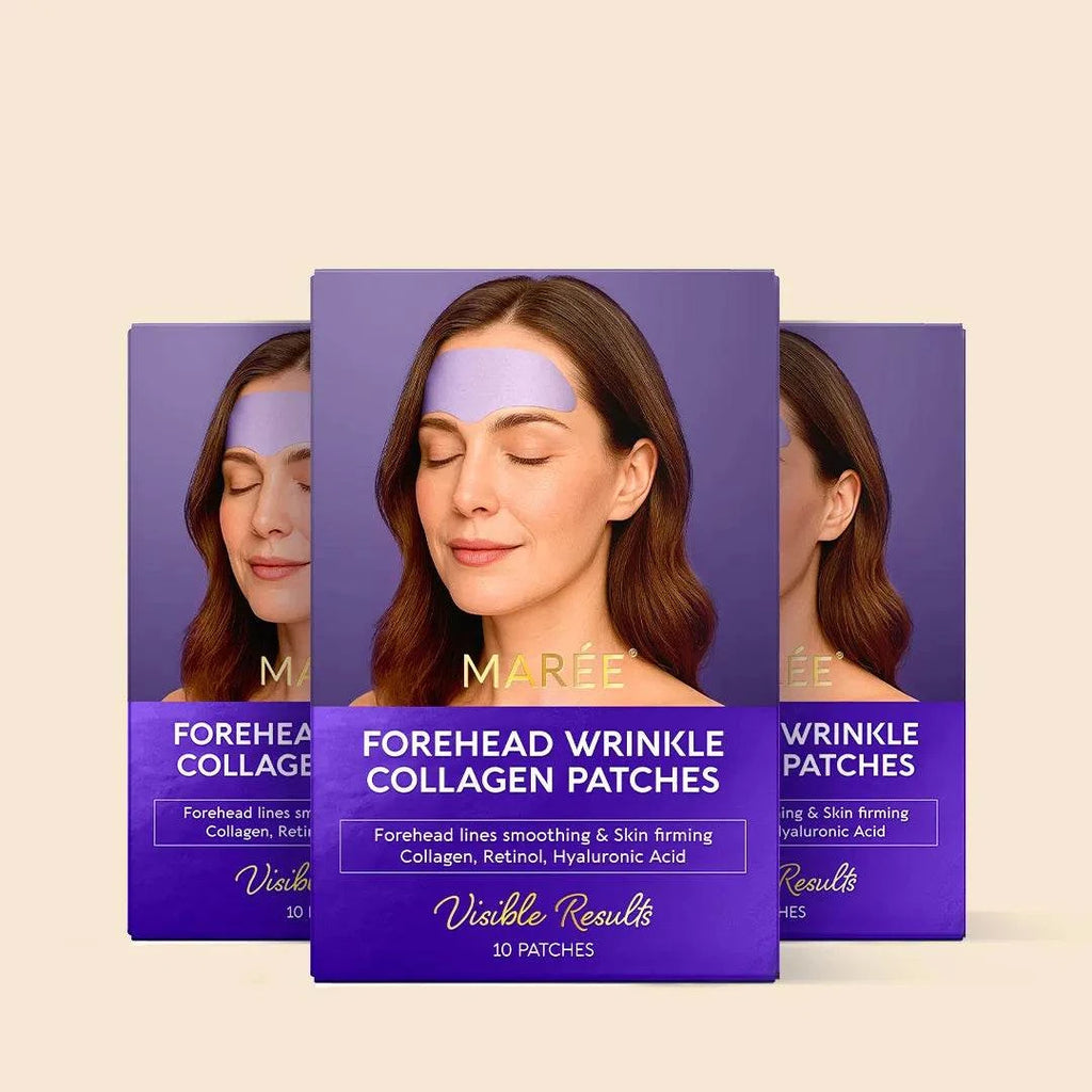 Maree Forehead Wrinkle Collagen Patches packaging with a woman wearing the patches 