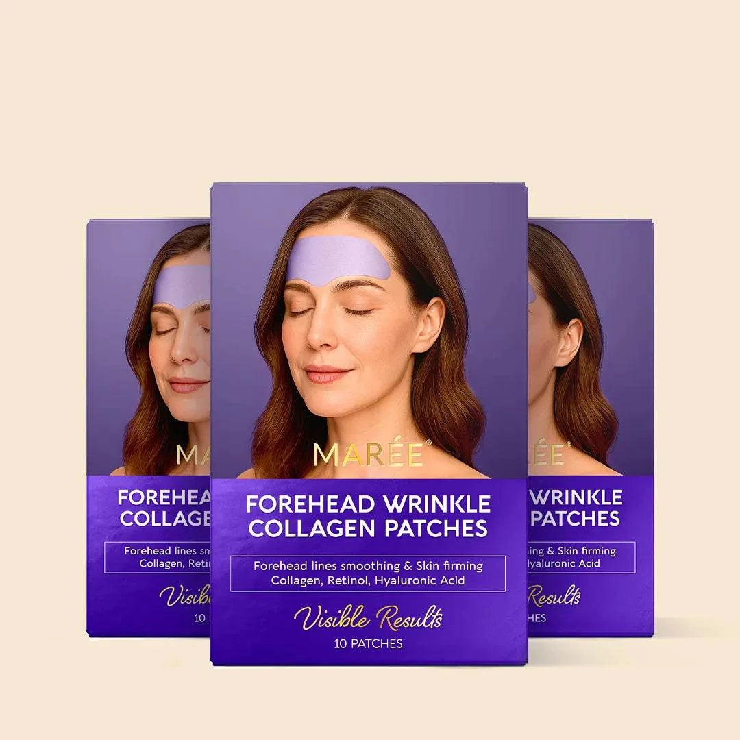Maree Forehead Wrinkle Collagen Patches packaging with a woman wearing the patches 