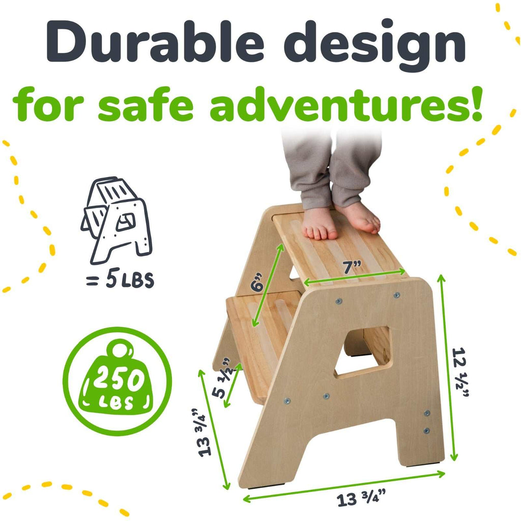 2-step wooden step stool for children with anti-slip strips and handles for toddlers ages 2+