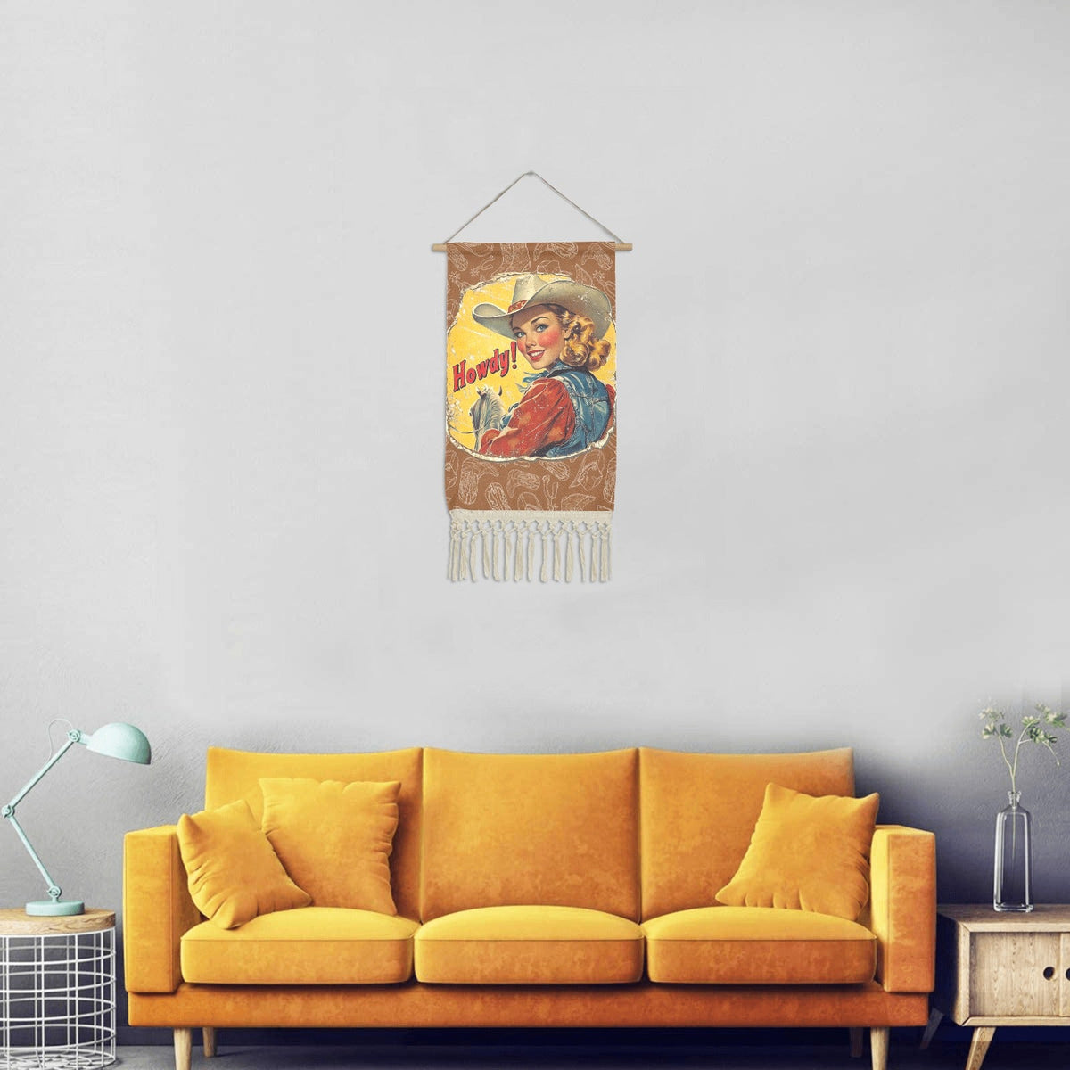 Baha Ranch Howdy Vintage Cowgirl Western Wall Decor Linen Hanging Poster with Fringe Made in America