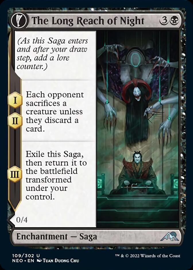 The Long Reach of Night // Animus of Night's Reach (NEO-109) - Kamigawa: Neon Dynasty: (fandfc, enchantment)