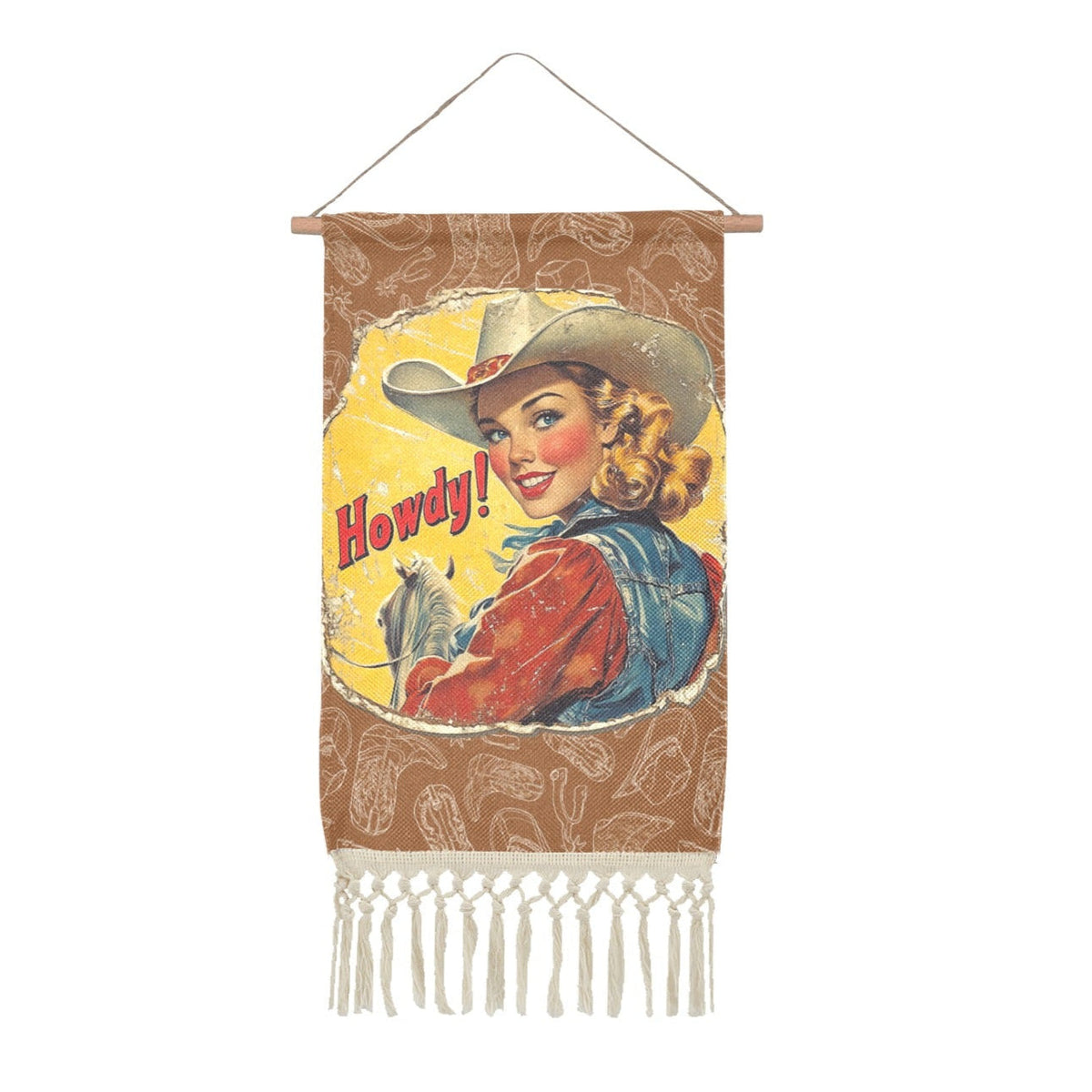 Baha Ranch Howdy Vintage Cowgirl Western Wall Decor Linen Hanging Poster with Fringe Made in America