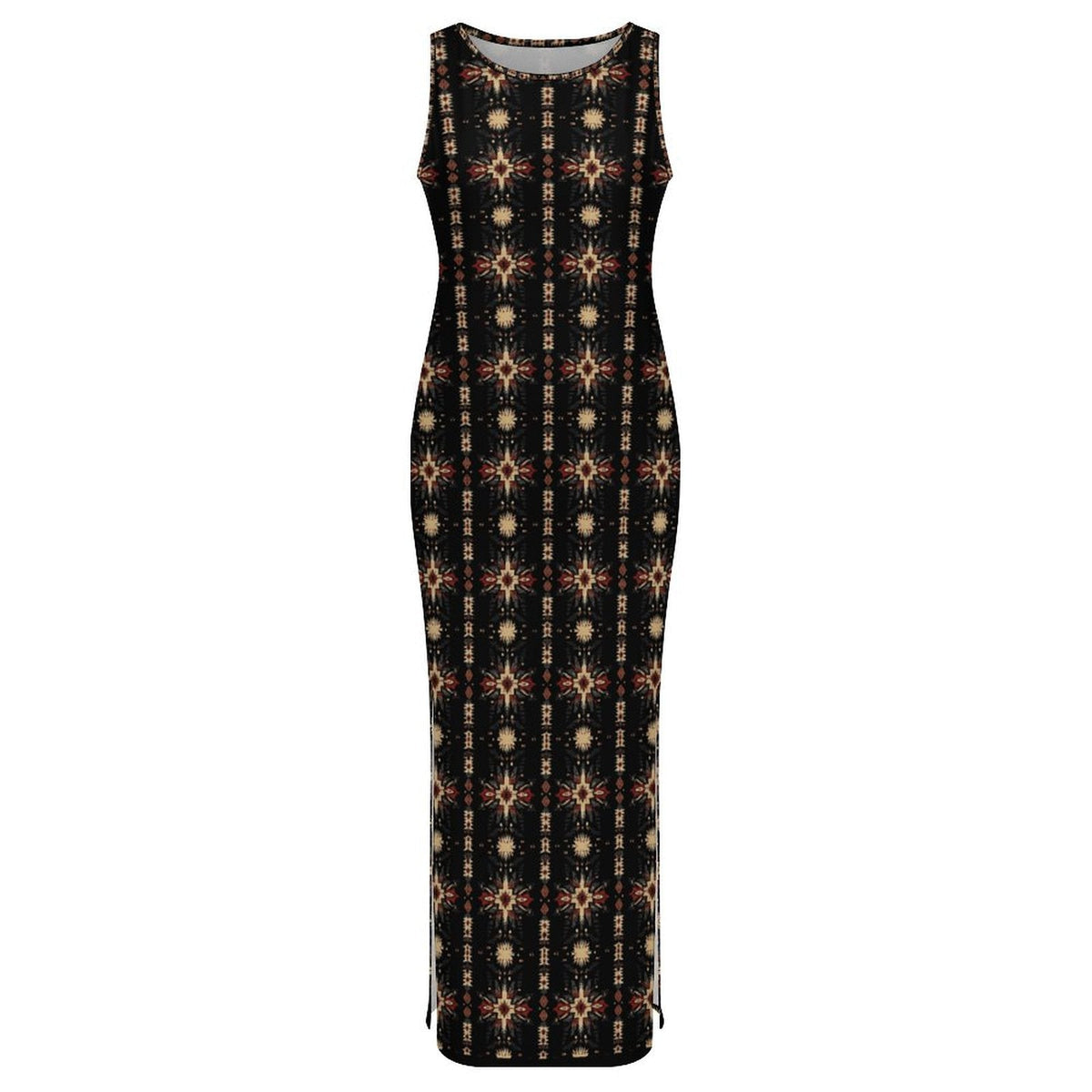 Baha Ranch Black and Tan Aztec Sleeveless Bodycon Side Slit Maxi Dress