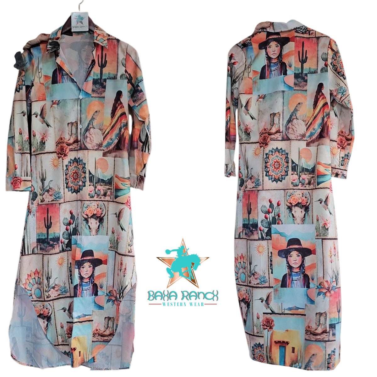 Baha Ranch Colores de Mexico Pictures of the Southwest Button-Up Long Sleeve Shirt Dress Duster